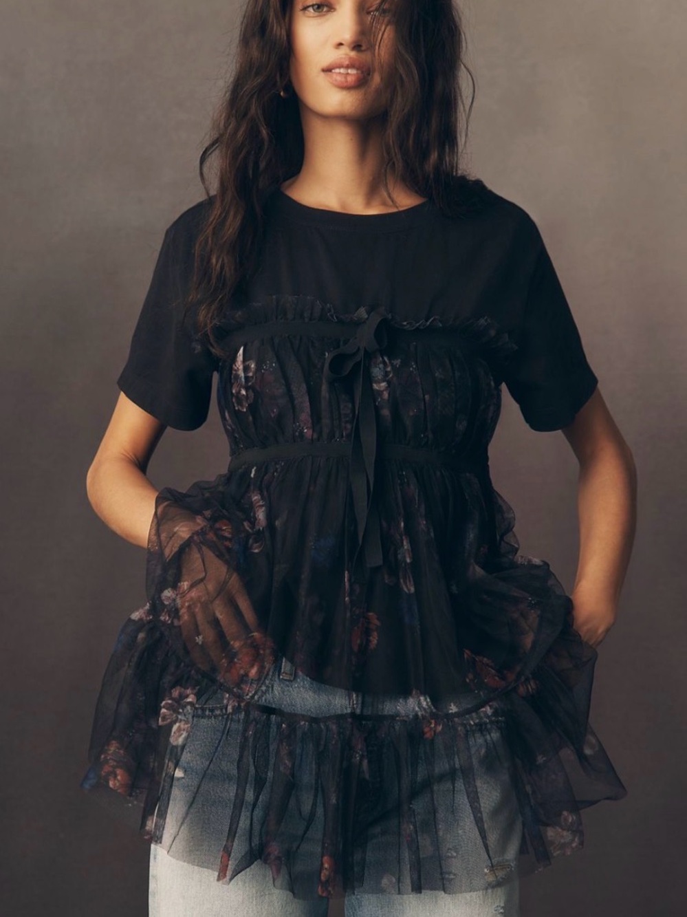 EUC, Small, Anthropologie Tiered Bow Tulle Tee, Floral Ruffle Peplum Top-Black